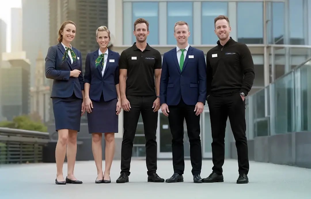 Eine Gruppe Mitarbeiter in professioneller Safety-Line-Dienstbekleidung steht vor einem modernen Bürogebäude.