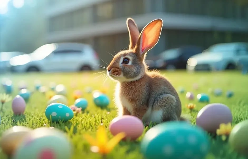 Osterhase sitzt auf grüner Wiese, umgeben von bunten Ostereiern.