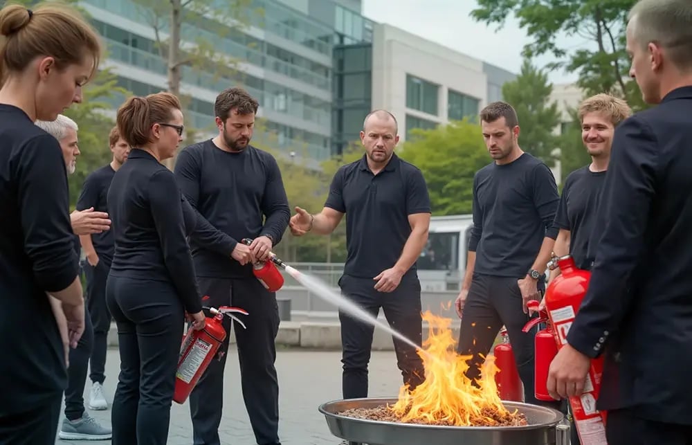 Sicherheitsmitarbeiter stehen bei Brandschutzübung um eine Flamme und löschen mit Feuerlöscher.