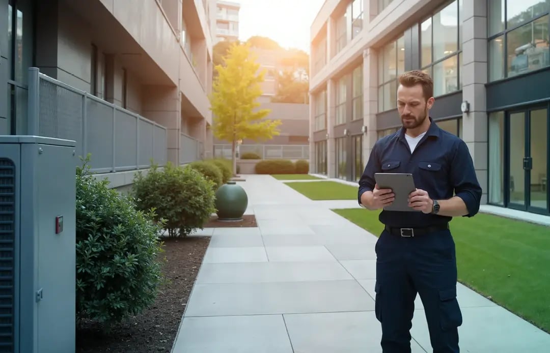 Mitarbeiter gebäudeverwaltung und Facility Management kontrolliert Außenanlage