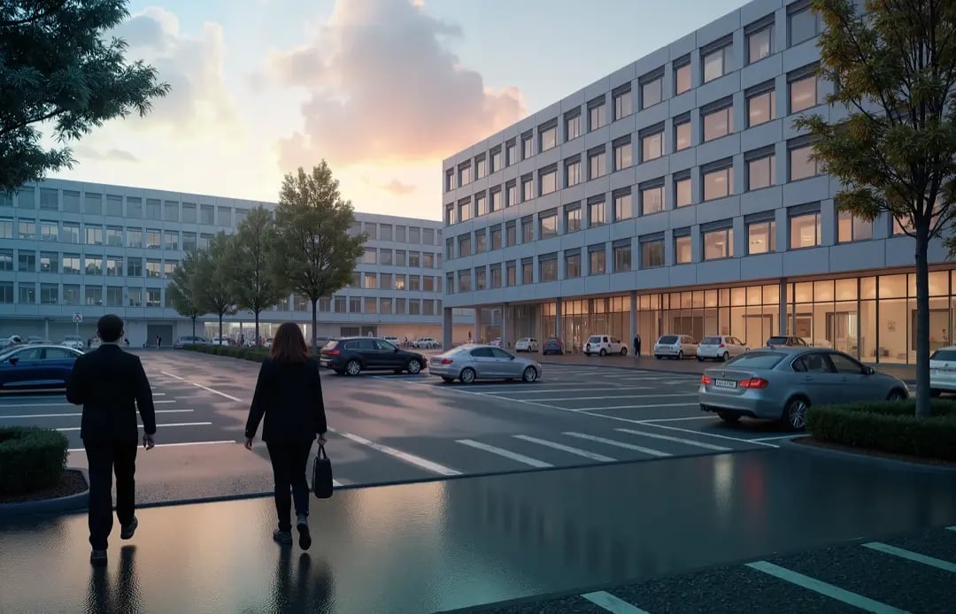 Personen laufen nach Regen über den Parkplatz eines Firmengeländes.
