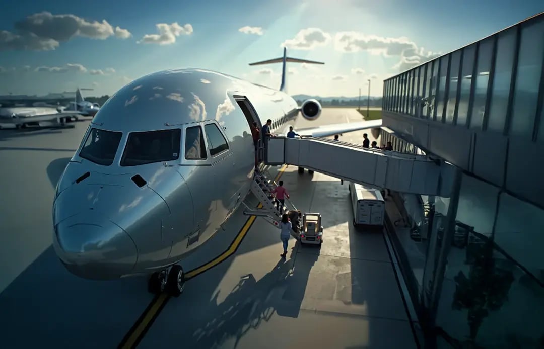 Flugzeug bei Boarding an Flughafen.