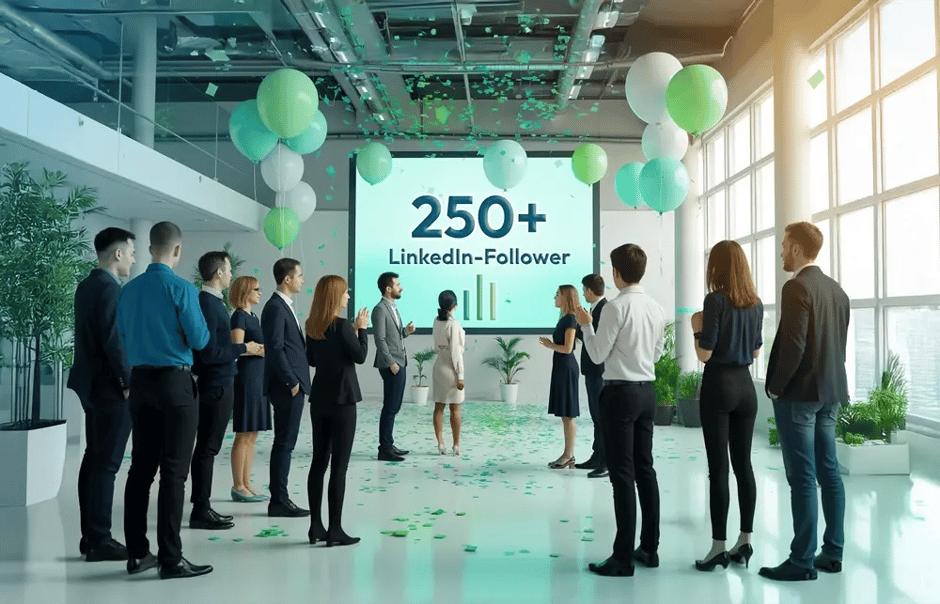 Eine Gruppe jubelnder Mitarbeiter steht vor einem großen Screen auf dem steht 250+ Linkedin-Follower.