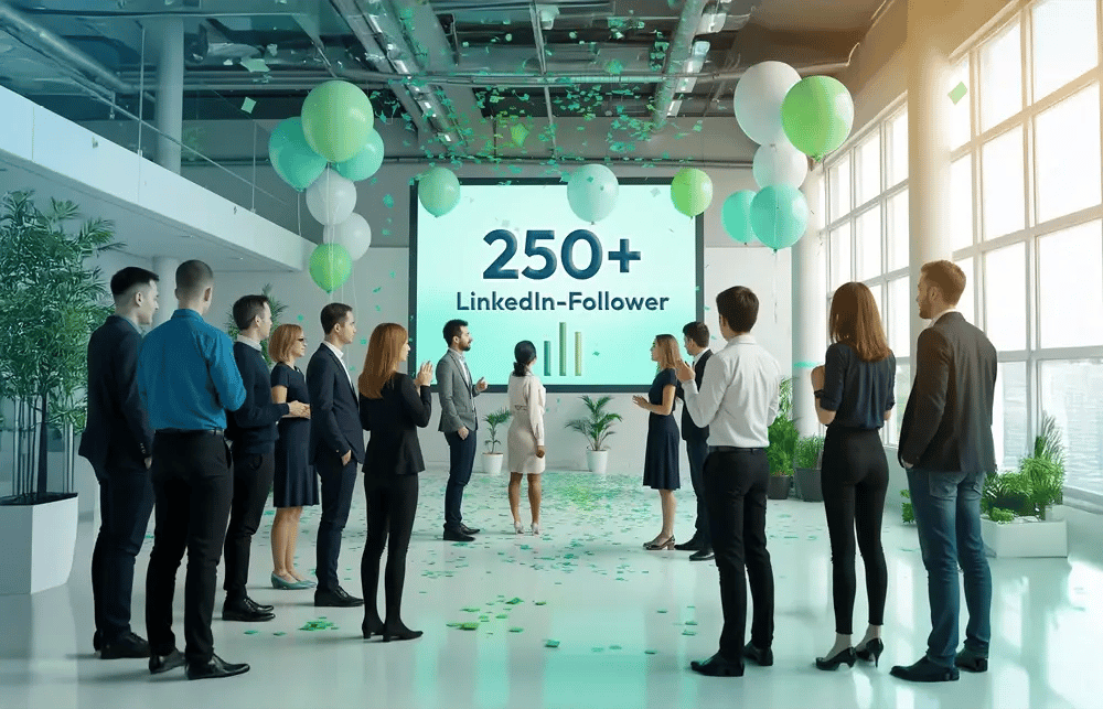 A group of cheering employees stands in front of a large screen displaying 250+ LinkedIn followers.