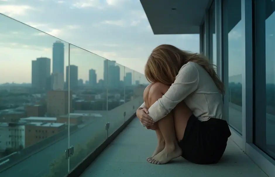 Young woman sitting on balcony in skyscraper apartment building with view of big city.