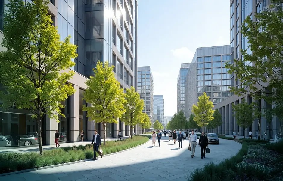Gepflegte Parkanlage in Frankfurter Bankeniertel.