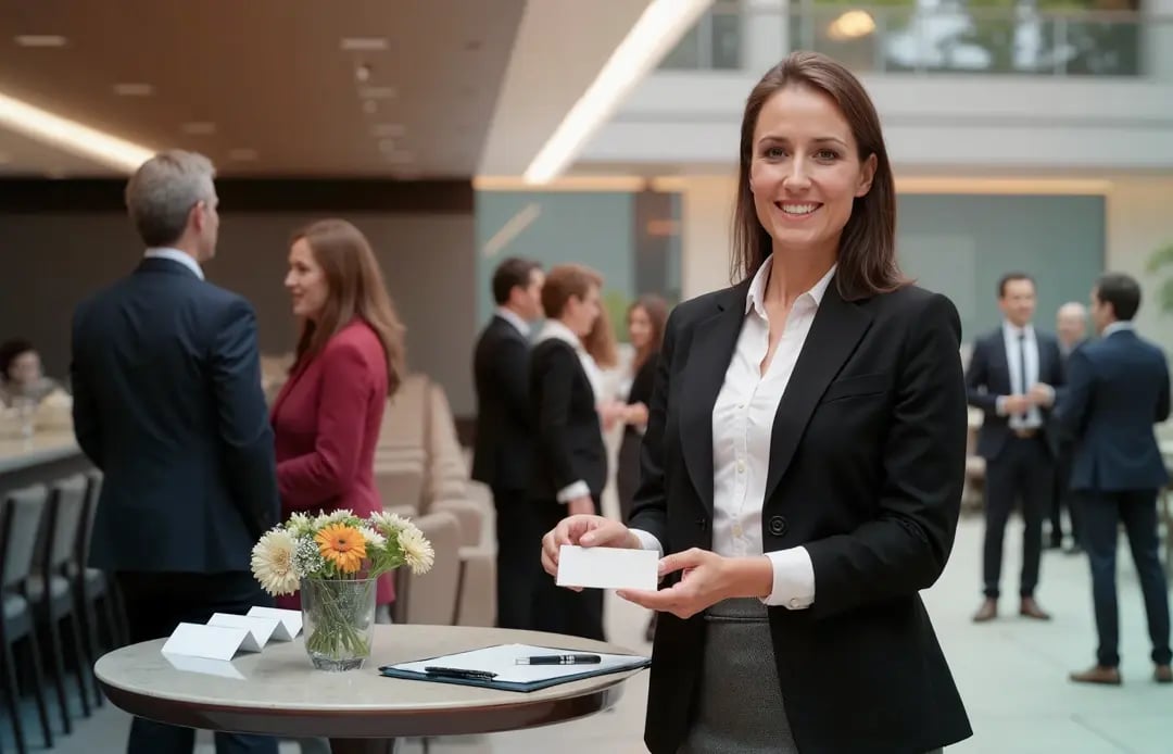 Hostess verteilt Namensschilder bei Konferenz