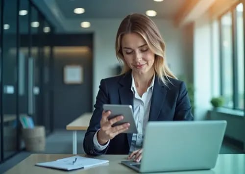 Junge Frau sitzt an Schreibtisch und arbeitet mit Laptop und Handy.