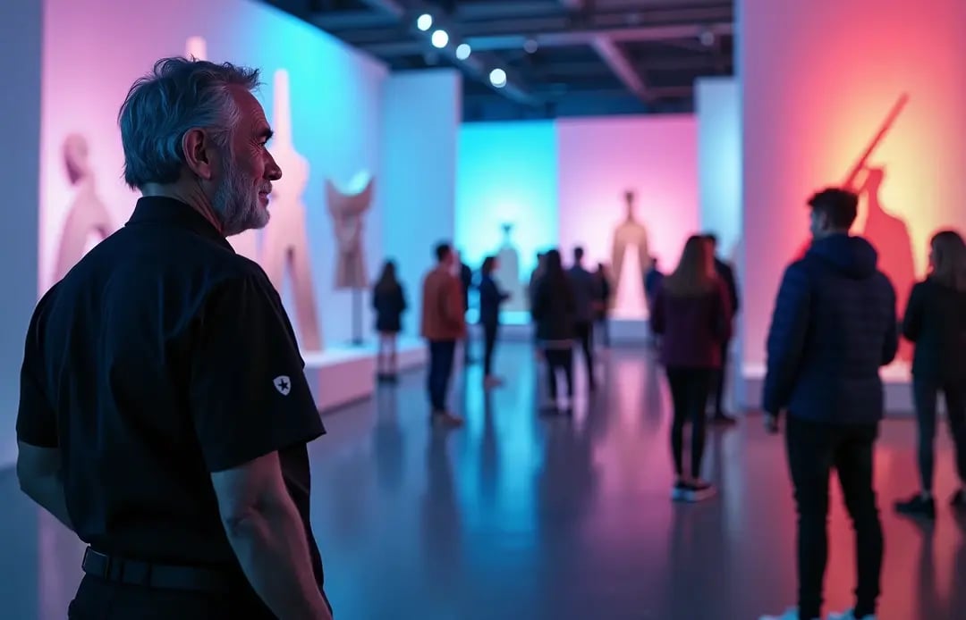 Sicherheitsmitarbeiter passt in einer Kunstgalerie auf.