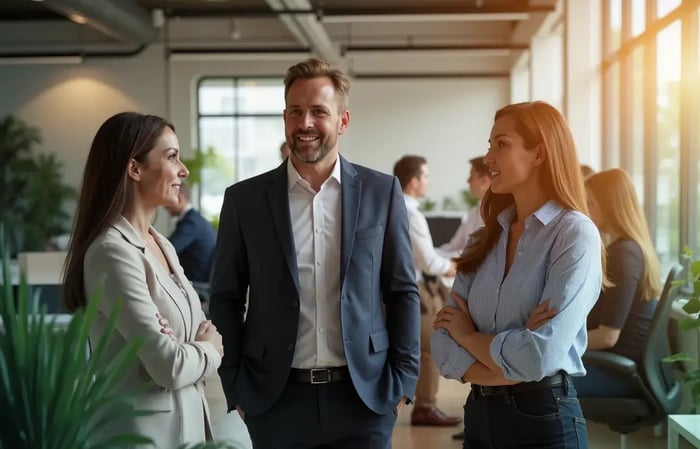 Ein Mann und zwei Frauen im angeregten Gespräch in einem modernen Büro.