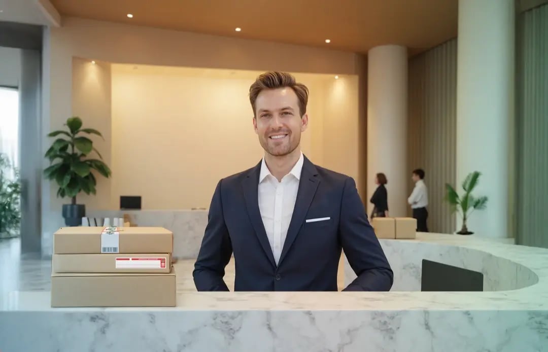 Rezeptionist steht am Empfang in heller Lobby mit Paketen auf Tresen.