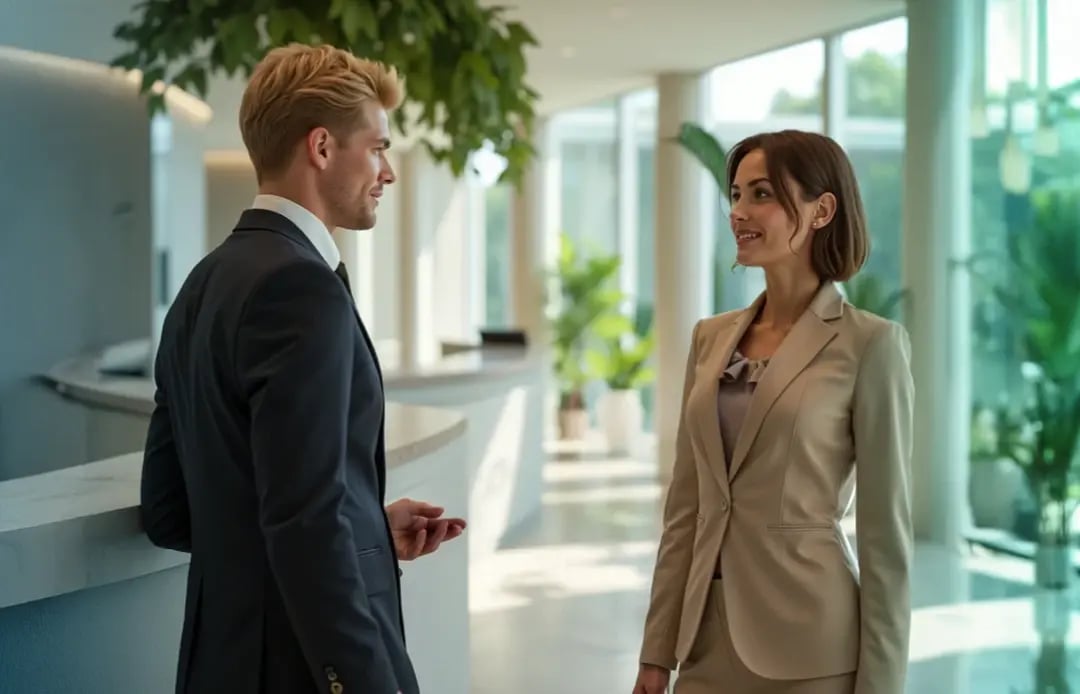 Mann und Frau stehen in heller moderner Lobby am Empfang.