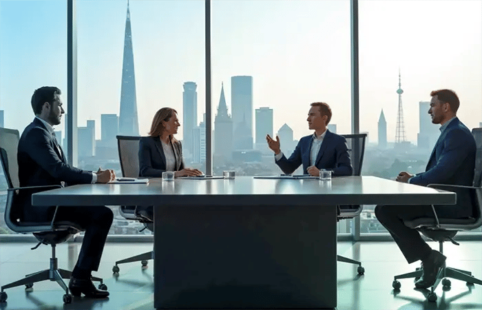 Mehrere Personen sitzen in einem modernen Konferenzraum mit Blick auf eine beeindruckende Skyline.