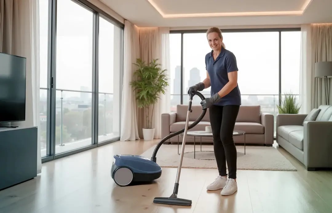 Junge weibliche Reinigungskraft bei der Arbeit in moderner Apartment-Wohnung.