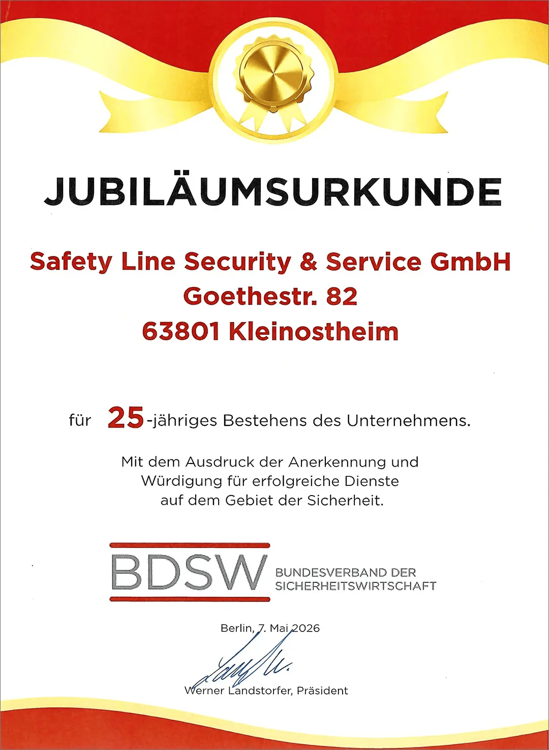 Safety Line BDSW Urkunde 25 Jahre