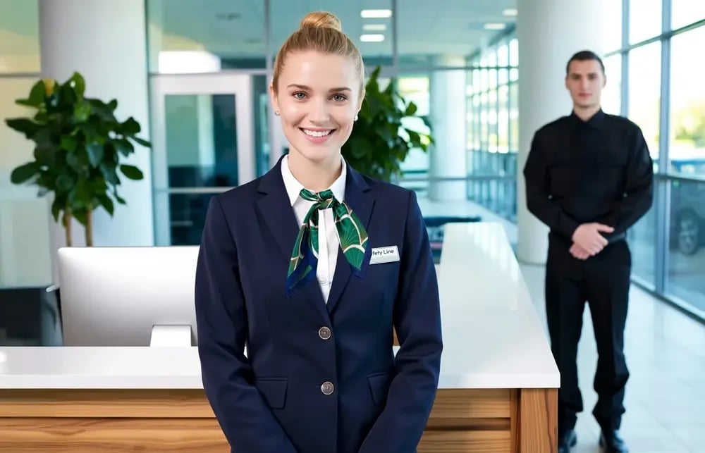 Young Safety Line reception and security employees are standing in a modern corporate lobby.