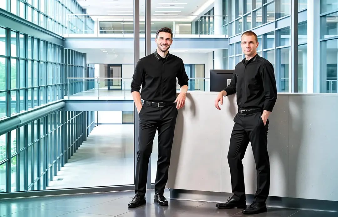 Zwei Safety-Line-Sicherheitsmitarbeiter stehen an einem Empfang eines großen modernen Rechenzentrums.