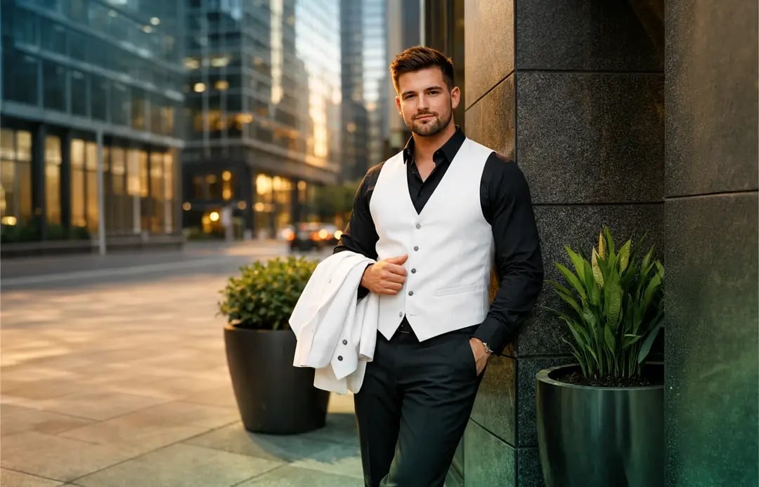 Mitarbeiter in weißer Weste mit weißer Weste steht lässig vor einem modernen Gebäude.