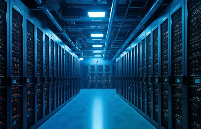 Große Serverfarm mit zahlreichen Servern für große IT-Netzwerke und -Unternehmen.
