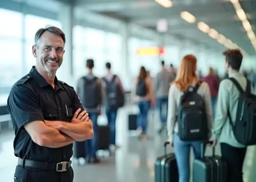 Ein Sicherheitsmitarbeiter am Flughafen sorgt für geordnete Abläufe und Flugsicherheit.
