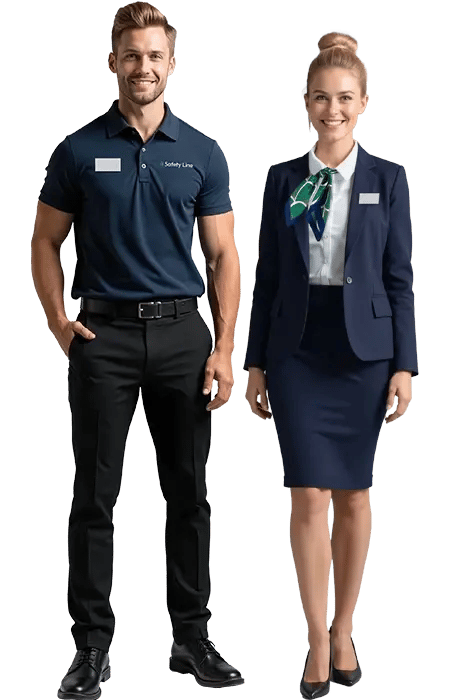 Security employees wearing service uniforms from Safety Line Security & Service GmbH.