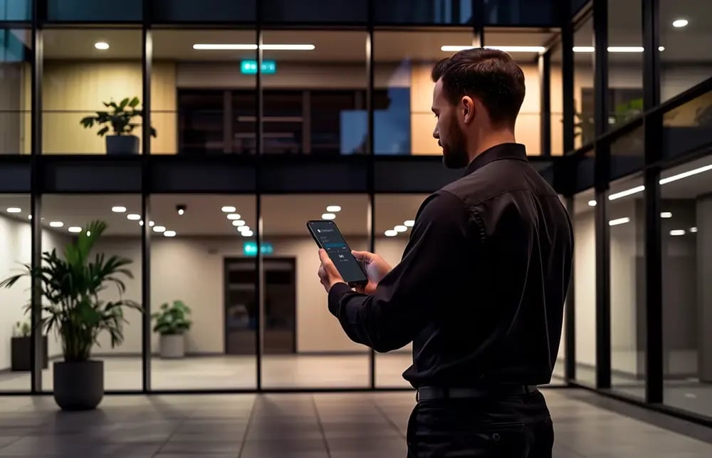 Sicherheitsmitarbeiter mit Smartphone in der Nacht