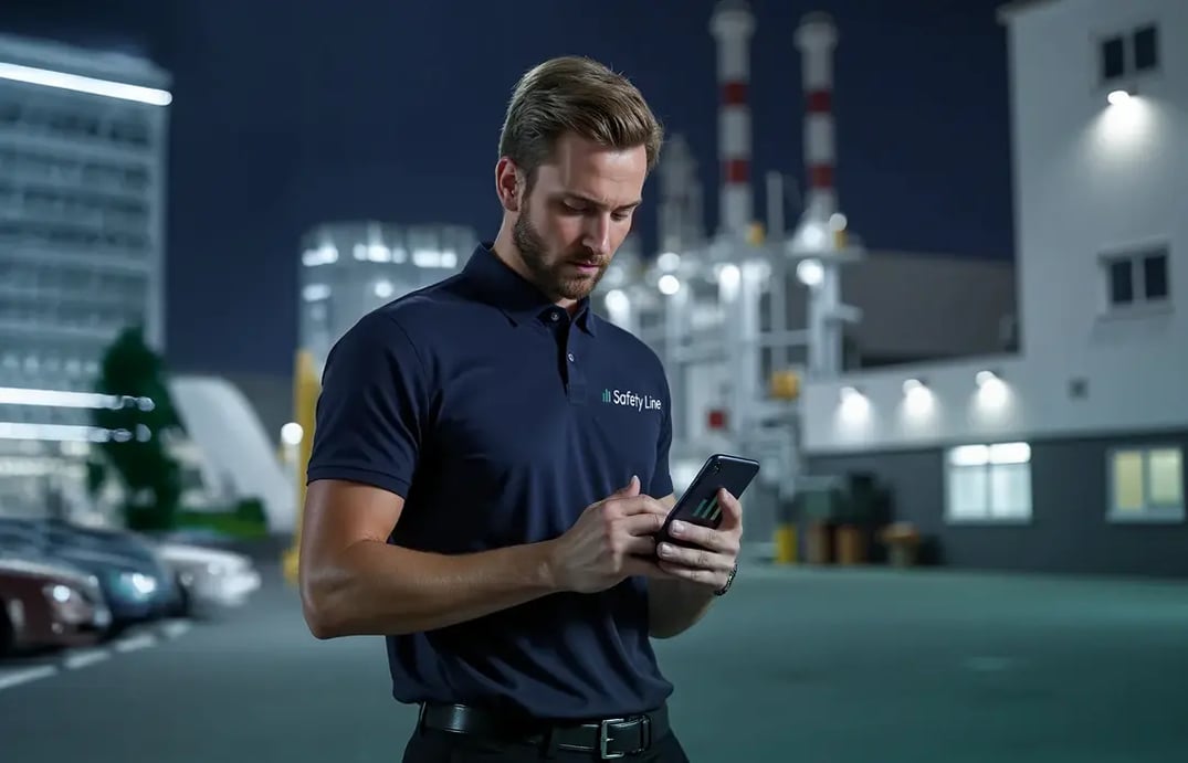 Security staff member from Safety Line Security & Service GmbH performing his patrol with the COREDINATE app on a smartphone.