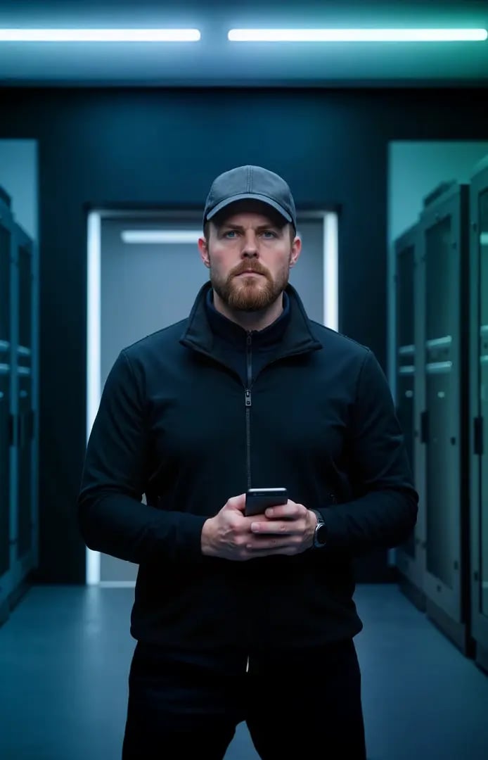 Sicherheitsmitarbeiter steht in einem Server-Raum und hält ein Smartphone in der Hand.