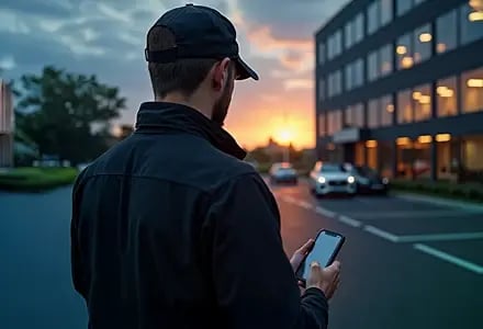 Sicherheitsmitarbeiter mit Smartphone auf Streife.