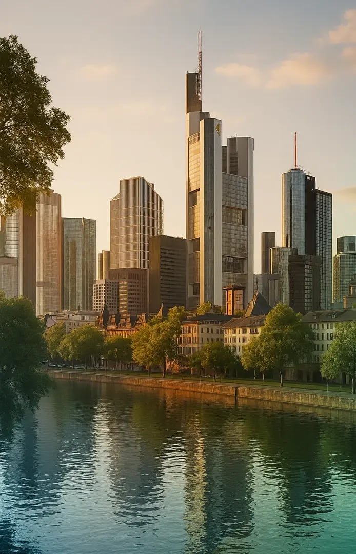 Skyline Frankfurt Bankenviertel im Sonnenuntergang.