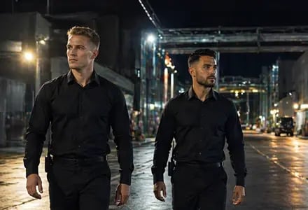 Safety Line Security & Service GmbH Zwei Wachmaenner bei Revierdienst Streifendienst Interventionsdienst in Stadt