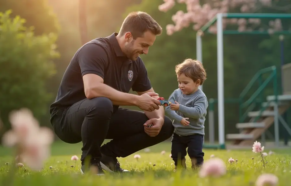 Vater spielt mit seinem kleinen Jungen auf einem Spielplatz mit einem Spielzeugauto.