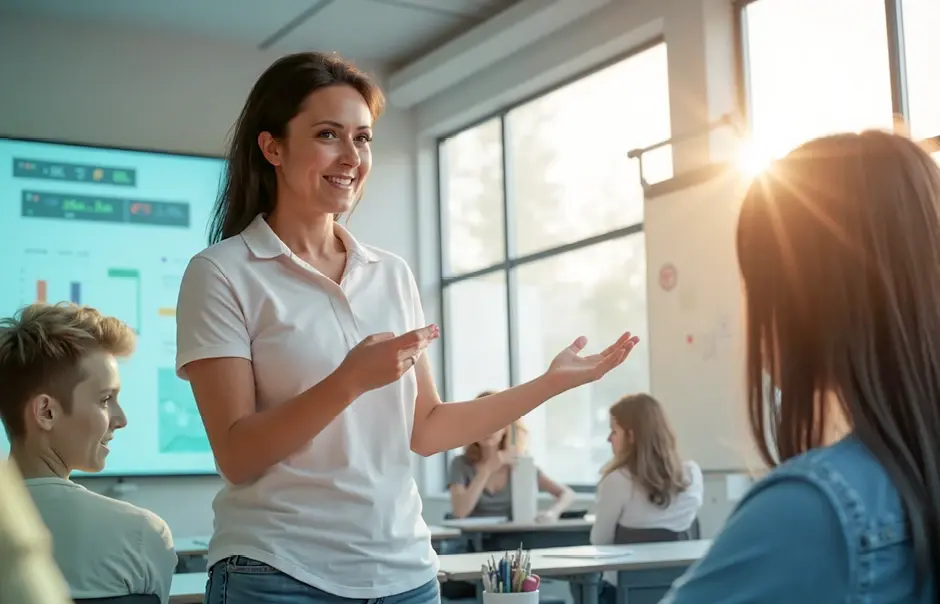 Klassenraum mit junger Lehrerin und Schülern.