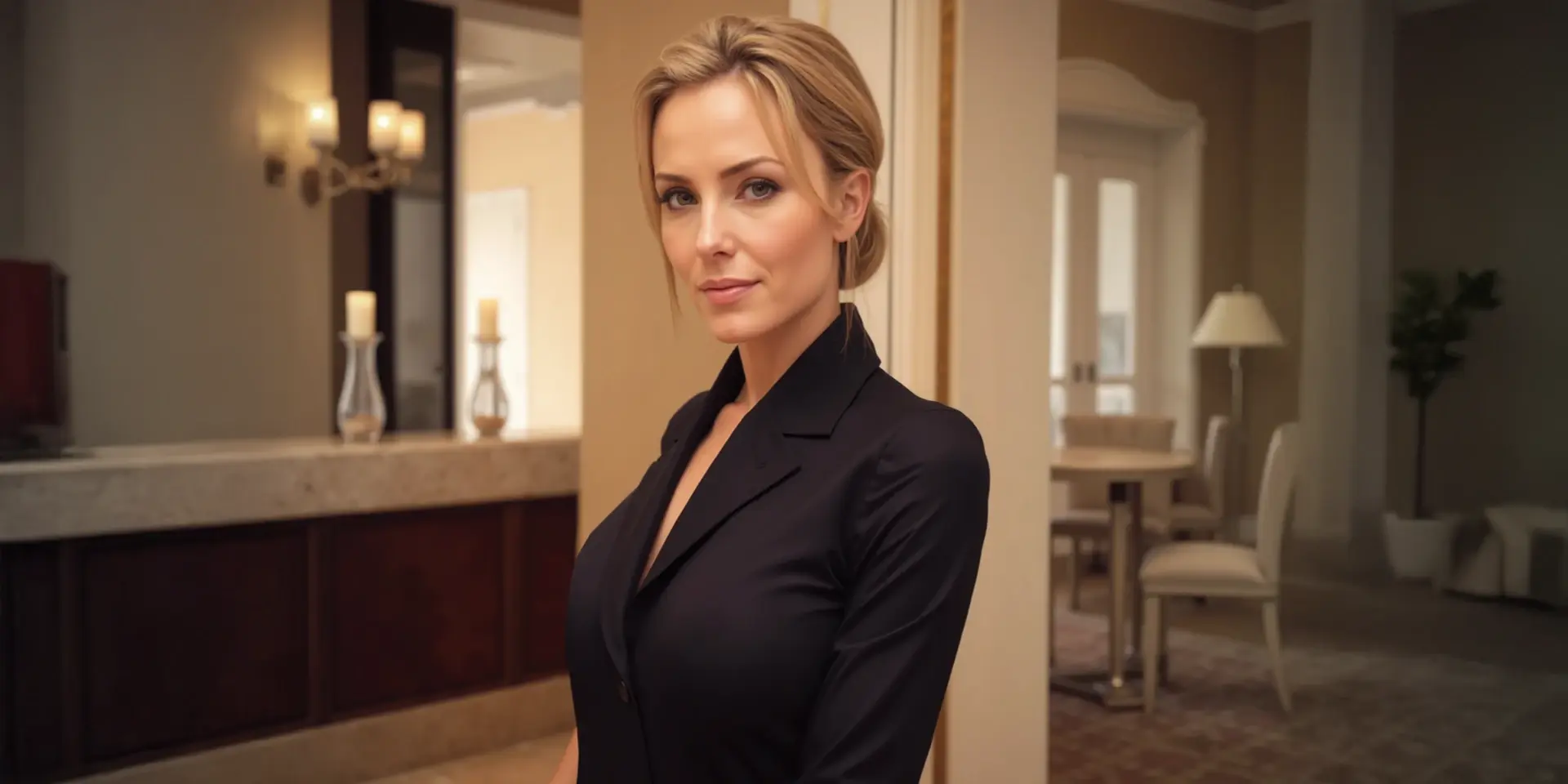 Weibliche Concierge steht in Hotel-Lobby eines luxuriösen Hotels.