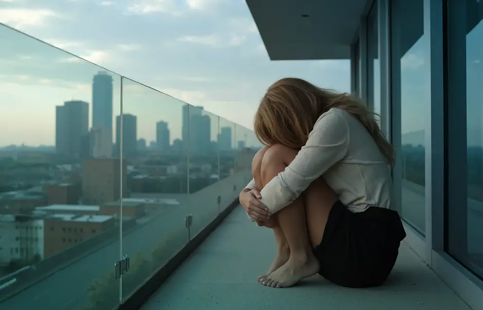 Young woman sitting on balcony in skyscraper apartment building with view of big city.