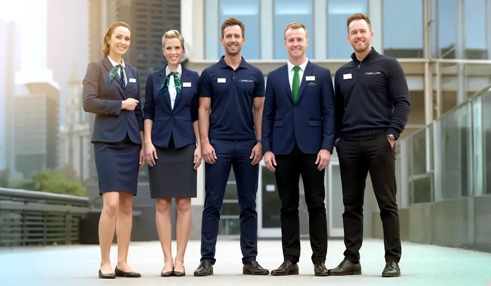 A group of employees in professional Safety-Line service clothing stands in front of a modern office building.