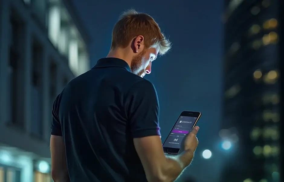 Sicherheitsmitarbeiter in moderenem Unternehmensgebäude nutzt COREDINATE App.