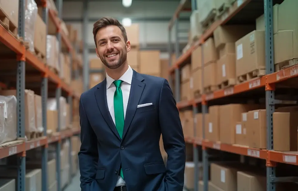 Safety-Line-Mitarbeiter steht in großen Paketlager.