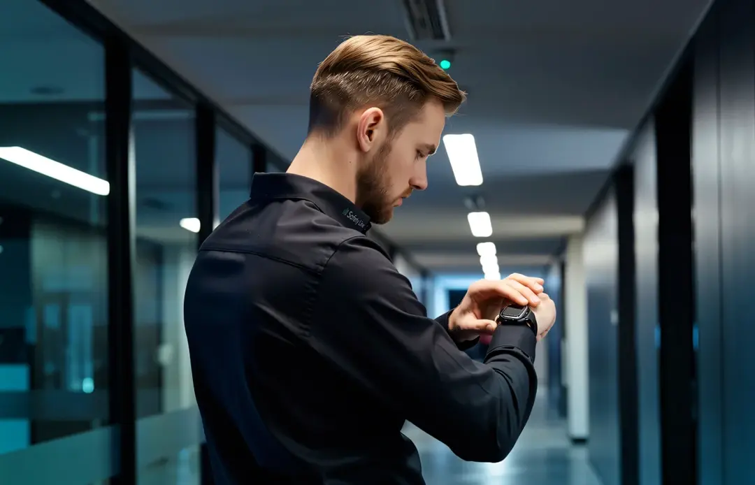 Ein Sicherheitsmitarbeiter schaut auf seine Uhr.